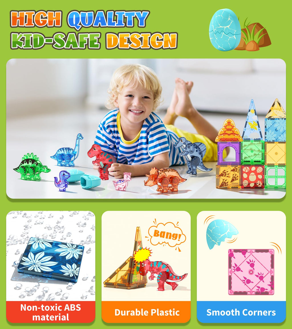 Asago Dinosaur Toys Magnetic Tiles Set - 2 Eggs, 2 Baby Dinos & 5 Large Dinosaurs for Kids 3-5, 105pcs Magnetic Building Blocks for Toddlers 1-3 4-8，Magnet Tiles Educational Toy for Boys Girls