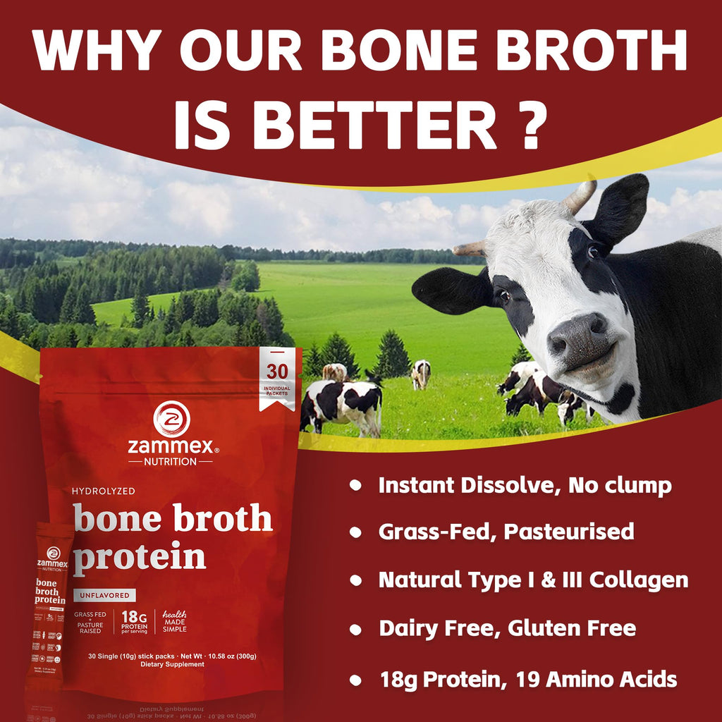 Zammex Bone Broth Packets-18g Collagen Protein-Beef Bone Broth Powder to Go-30 Travel Stick Packets-Supports Skin Nails Joints, Gut Health | Gluten-Free |Keto & Paleo Friendly (15 Servings)