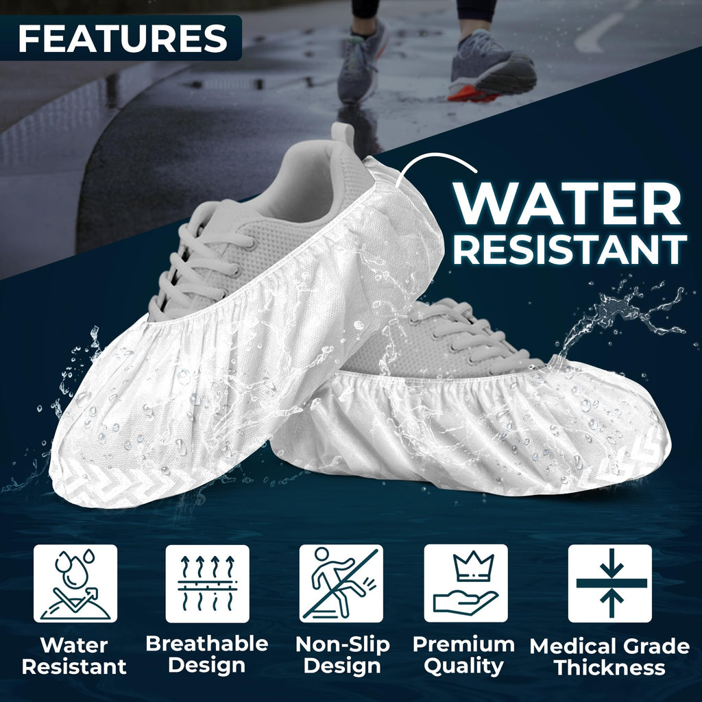 Premium Boot & Shoe Covers Disposable Booties - 100 Pack - Durable, Non-Slip, Non-Toxic, Water Resistant, Recyclable Protectors for Indoor & Outdoor - Large Size Fits Most Shoes