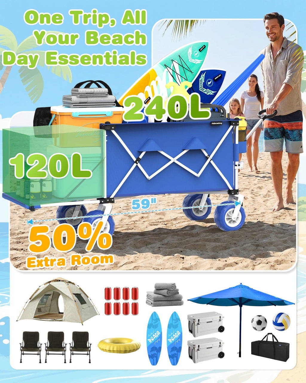 Holacamking 59"L Beach Wagon with 9×4" Big Sand Wheels, Expandable Tailgate