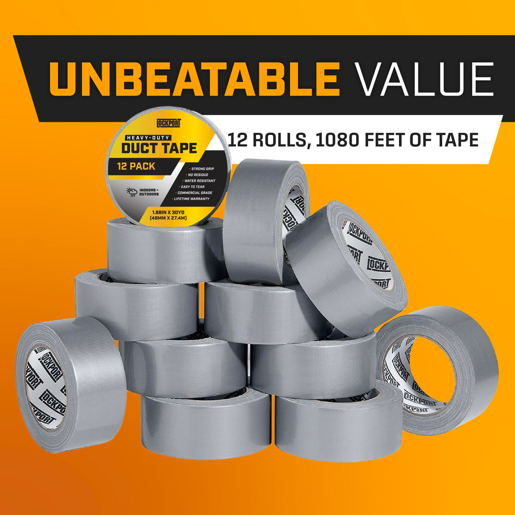 Lockport Duct Tape Heavy Duty Waterproof - 30 Yards x 2 Inch - 12 Roll Pack Silver Duct Tape Bulk Pack - No Residue, Flexible, Strong, All-Weather and Easy Tear - Grey Heavy Duty