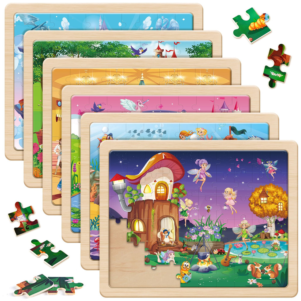 SYNARRY 6-Pack Large Wooden Unicorn Mermaid Princess Fairy Jigsaw Puzzle