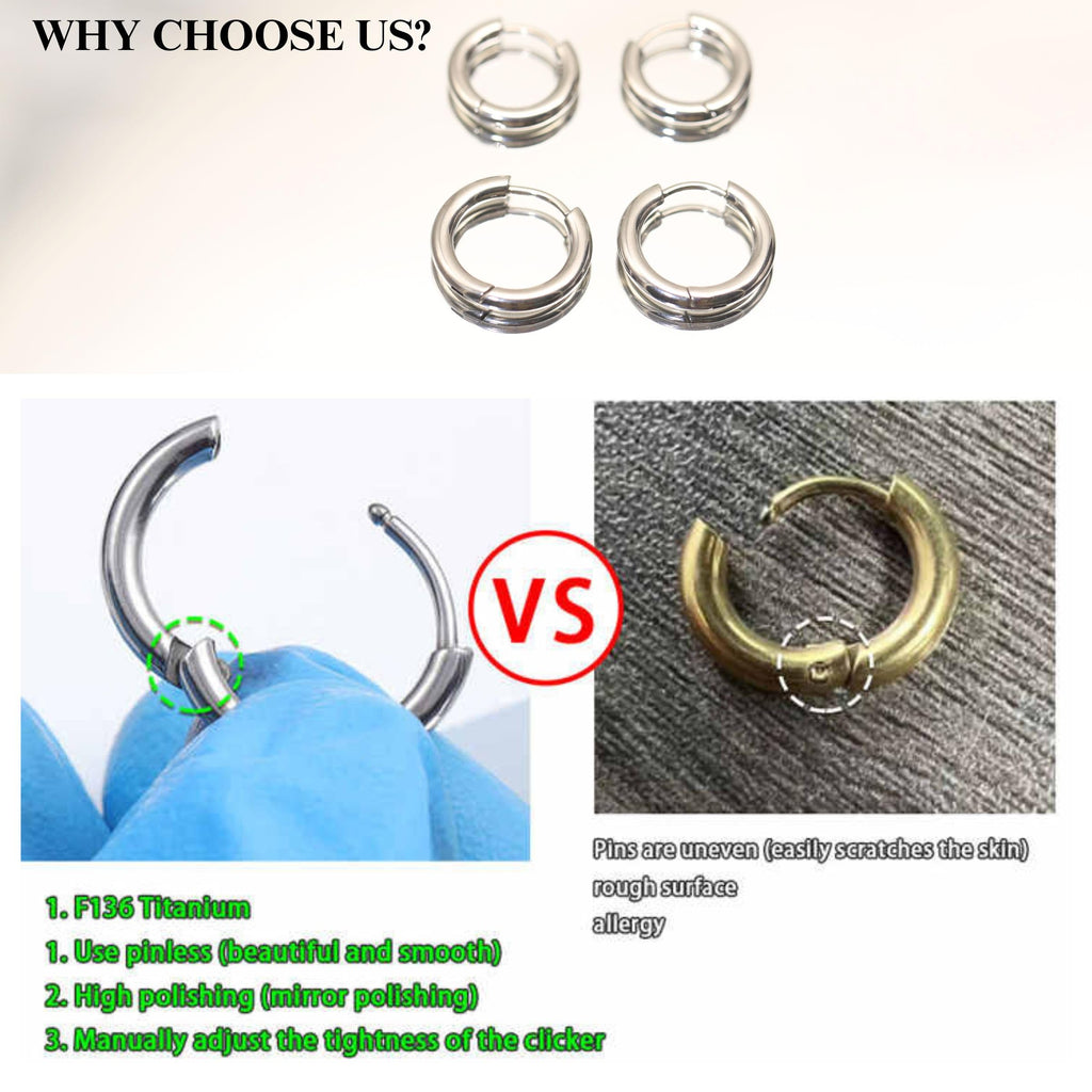 BLISI 3 Pairs ASTM F136 Titanium Silver Hoop Earrings 8mm/10mm/12mm Thick Lightweight Huggie Hoops Earrings for Women Hypoallergenic Sleeper Earrings for Sensitive Ears