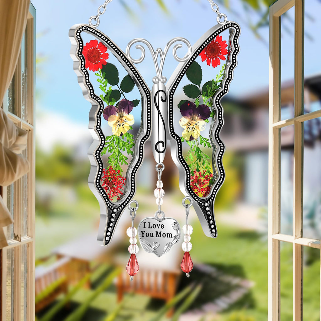 KY&BOSAM Mom Gift Butterfly Glass Pressed Flowers Suncatcher Window Hanging