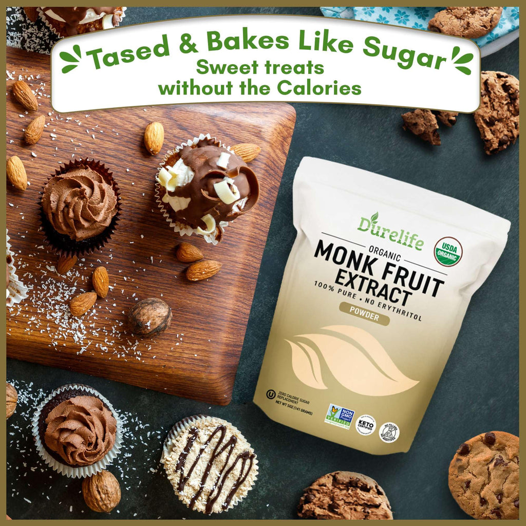 Durelife Organic 100% Pure Monk Fruit sweetener, No Erythritol, Monkfruit Extract Powder, USDA organic NON-GMO Project Verified, Keto Certified, OU kosher No Fillers Zero Calorie Sugar Substitute 5 OZ