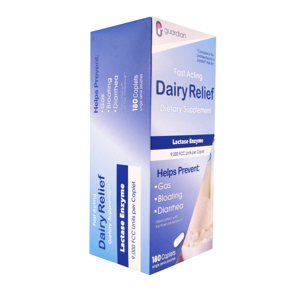 guardian Dairy Relief Fast Acting Lactase, 360 Caplets, 9000 FCC Maximum Strength, Lactose Intolerance Pills, Lactase Enzyme Supplement (360 CT)