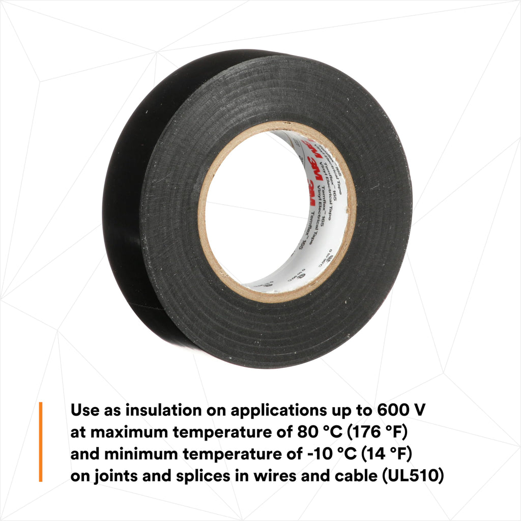 3M Temflex Multi-Purpose Vinyl Electrical Tape 165, Black, 3/4 in x 60 ft (19 mm x 18 m), 10 Roll Pack