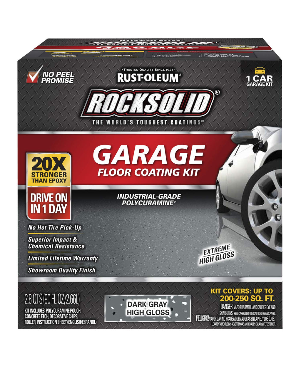 Rust-Oleum 317286 RockSolid Polycuramine Garage Floor Coating, 1 Car Kit, High Gloss Dark Gray