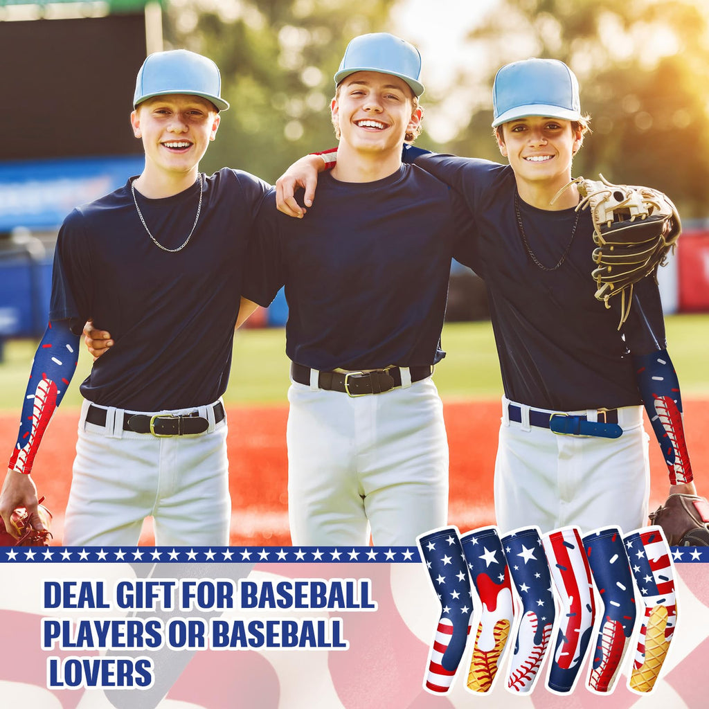 Shyyween 6 Pair Ice Cream Drip Baseball Arm Sleeve Youth American Flag Compression Arm Sleeve Red White and Blue Sport Gift