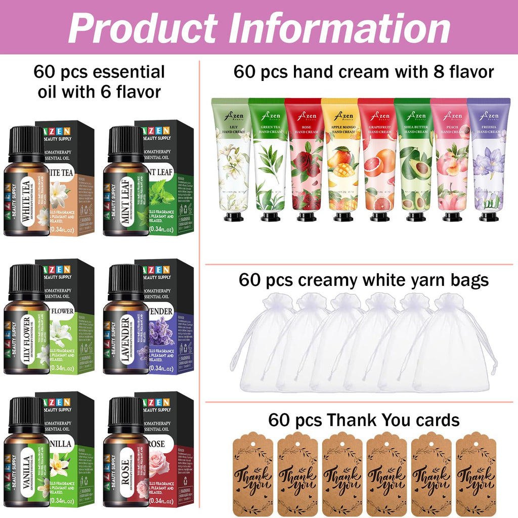 AZEN 60 Sets Bulk Gifts, Hand Cream and Essential Oils Bulk Set with Organza Bag Thank You Card, Baby Shower Wedding Gifts for Guests, Bridal Wedding Favors, Valentines Gift for Women