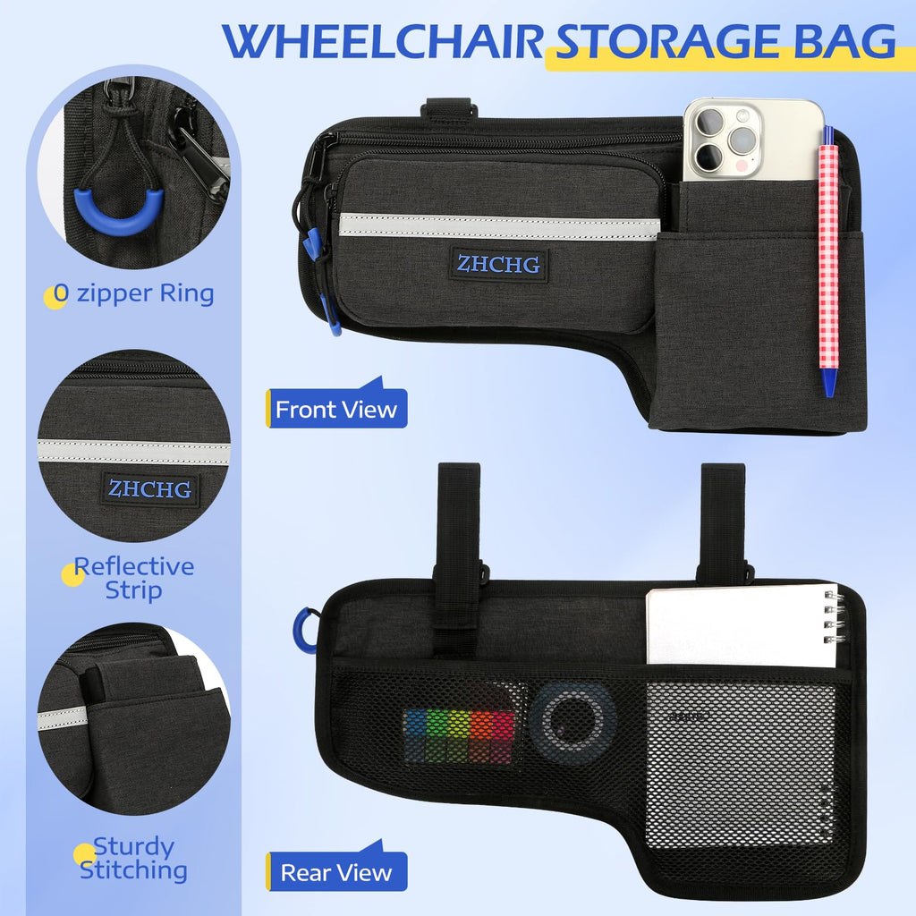 ZHCHG Upgraded Wheelchair Side Bag with Cup Holder, Wheelchair Armrest Pouch for Walker, Wheelchair Accessories Storage Bag
