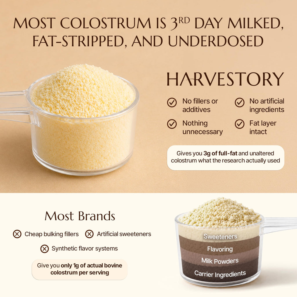 Harvestory Grass-Fed Bovine Colostrum Powder - First-Day Milking, Unstripped Full-Fat - Supports Gut Health, Immunity, Skin & Hair - Unflavored, Non-GMO, Made in USA, 30 Servings
