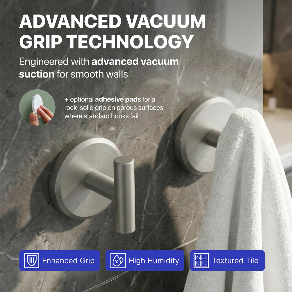 HOME SO Suction Cup Hooks for Shower & Bathroom Towel Holder 2-Pack – Suction Cups Hooks for Hanging Towels, Robes, & Coats - Tiles, Glass Door or Mirror – Shower Hooks & Towel Hooks - Nickel T-Shape