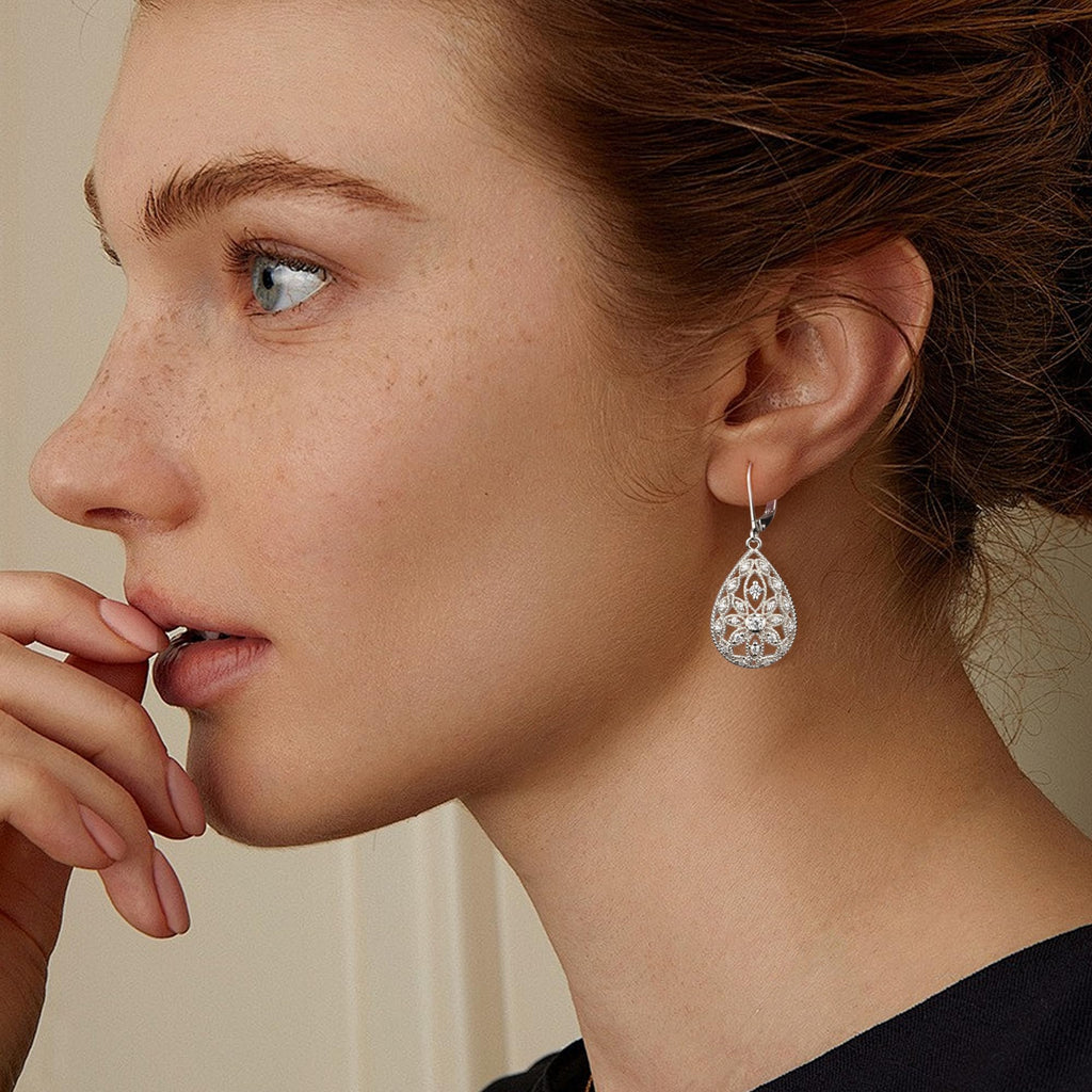 Silver Teardrop Filigree Dangle Earrings Drop Earrings for Women Trendy