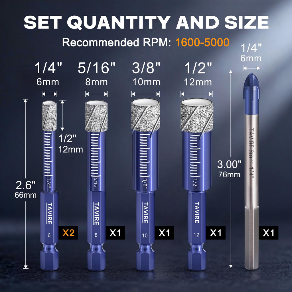 6-Piece Dry Diamond Drill Bit Set for Porcelain,Tile,Ceramic,Pot,Glass,Granite,Concrete,Masonry,Stone,Hard Materials, Hex Shank Tile Drill Bits 1/4",5/16",3/8",1/2", Ti&Tungsten Carbide Bit 1/4"
