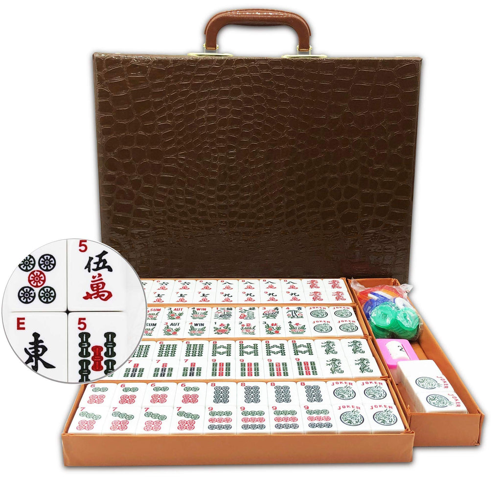 American Mahjong Game Set: 166 White Engraved Tiles, Western Mah Jongg Play, Traveler Size Case, Dices, Chips, Manual, Win Indicator