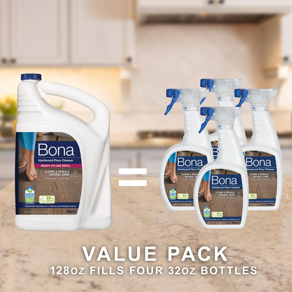Bona Hardwood Floor Cleaner Refill, 128 fl oz, Unscented, Refill for Spray Mops and Bottles, Residue-Free Floor Cleaning Solution for Wood Floors