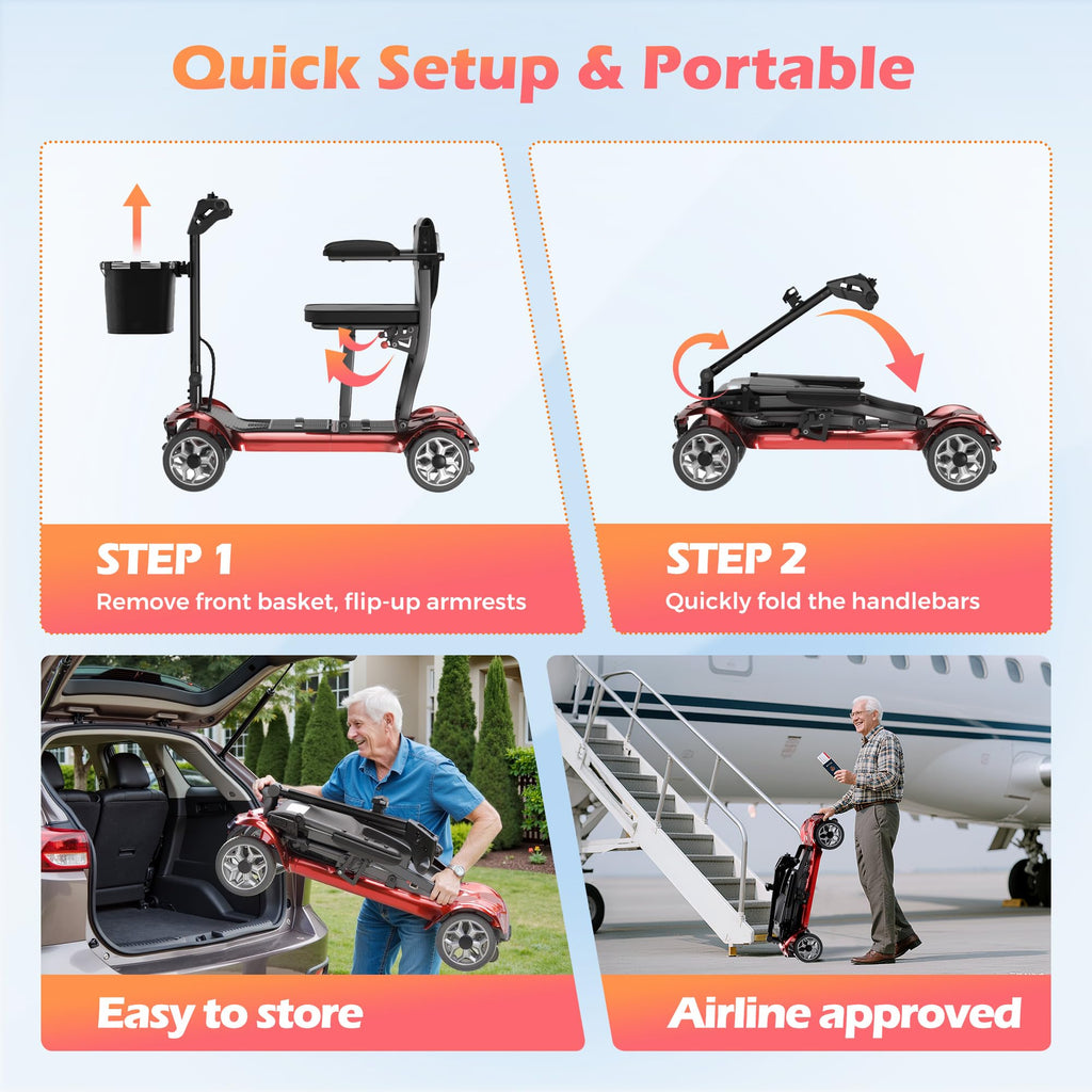 Lightweight Mobility Scooter for Adults & Seniors - Cruise & Airport Approved, 43lb Foldable Portable Motorized Scooters with Removable Lithium Battery for 12.4 Miles Travel, 300lb Capacity, Red