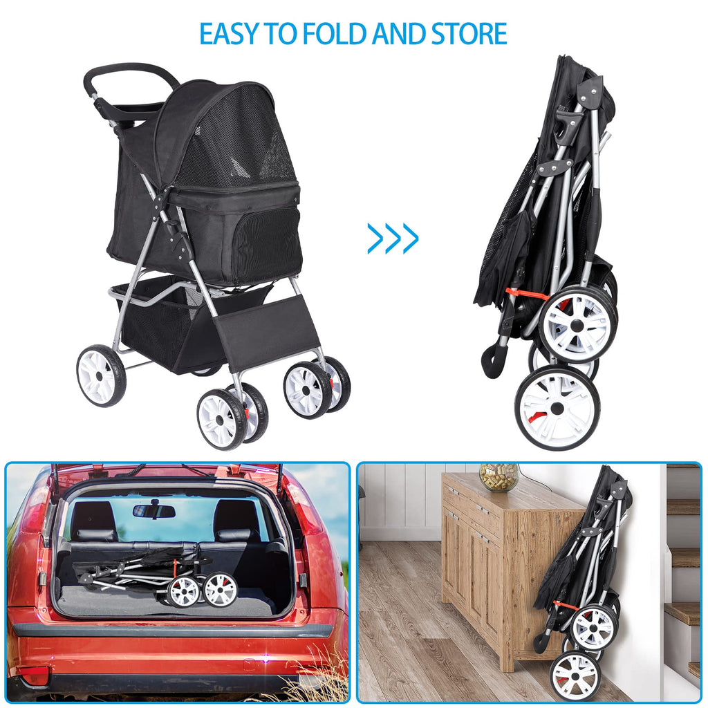 BBBuy 4 Wheels Foldable Pet Dog Cat Jogger Stroller Travel Carrier Strolling Cart w/Waterproof Cover Storage Basket Cup Holder & Removable Liner for Medium Small Cat Dog, Black