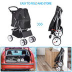 BBBuy 4 Wheels Foldable Pet Dog Cat Jogger Stroller Travel Carrier Strolling Cart w/Waterproof Cover Storage Basket Cup Holder & Removable Liner for Medium Small Cat Dog, Black