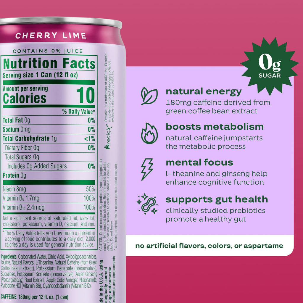 Bloom Nutrition Zero Sugar Energy Drink, Cherry Lime, 12oz 12pk