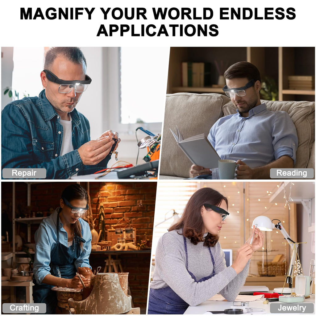 Magnifying Glasses with Light, 0.75X-4.0X Magnifying Glass, Rechargeable Head Magnifier Glasses with 3 LED Lights and 5 Detachable Lenses, Headset Magnifier for Close Work Crafts Jewelry
