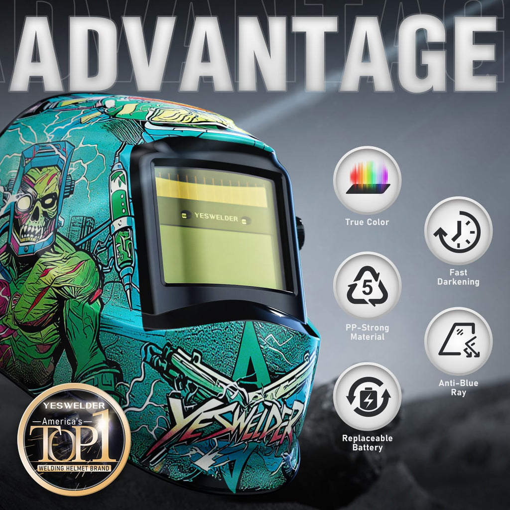 YESWELDER Auto Darkening Welding Helmet, Blue Light Blocking, 1/1/1/1 True Color Solar Powered Welding Hood with 2 Arc Sensors, Wide Shade 3.5/9-14 Welder Mask for TIG MIG ARC and Grind