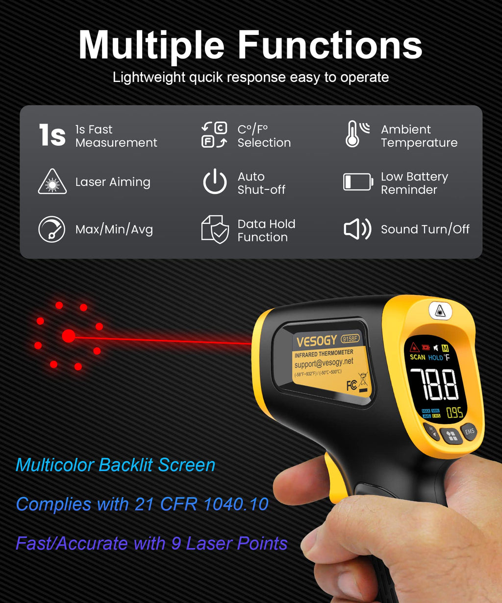 VESOGY Infrared-Thermometer-Gun-Heat-Temperature-Gun -58°F ~932°F-Auto Off Digital Laser Thermometer Gun for Cooking,Pizza Oven,Grill,Large Display IR Thermometer Temp Gun with Adjustable Emissivity
