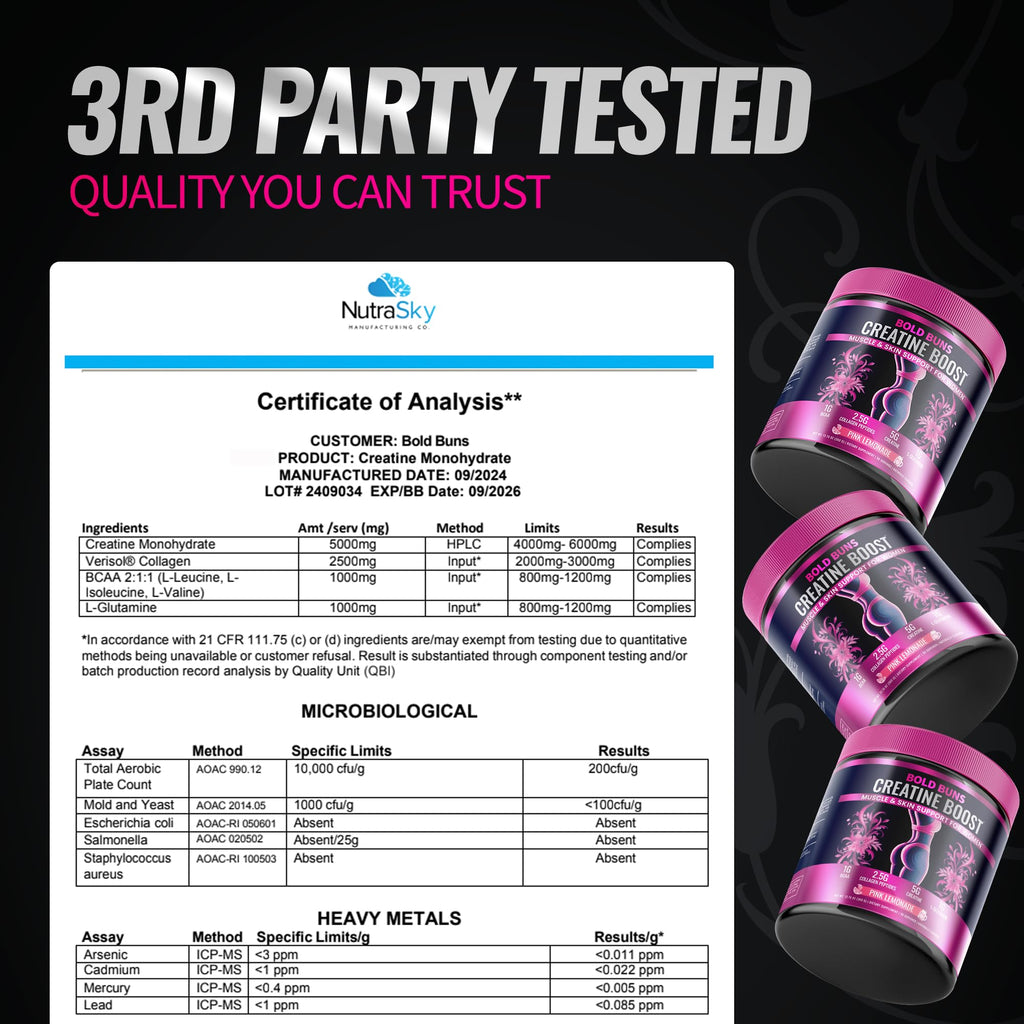 Bold Buns Creatine for Women – Supplement with Collagen & BCAA – Supports Muscle Development, Post-Workout Recovery, Skin Elasticity, Healthy Hair & Nail (30 Servings, Pink Lemonade)
