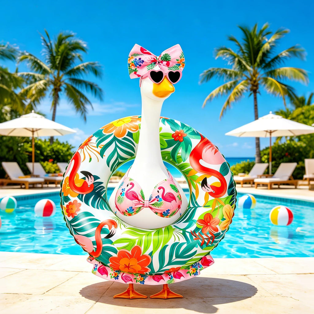 Ciyufavo 23 in Porch Goose Summer Outfit Bikini, Hawaiian Porch Goose Swimsuit Clothes Costume Accessories with Bow Glasses Swim Ring for 23" Summer Goose Garden Patio Statue Decor (Flamingos)