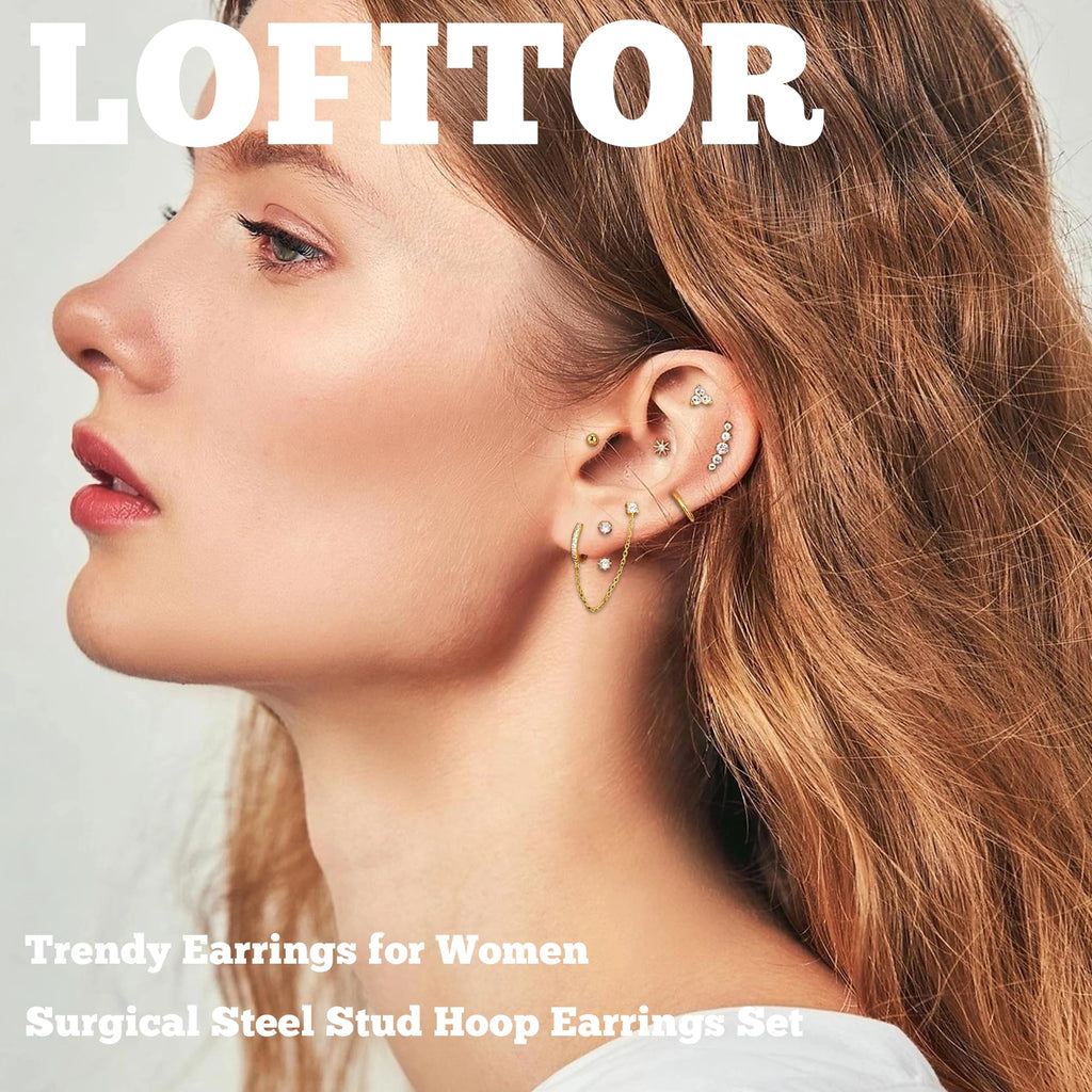 LOFITOR Gold Flat Back Earrings for Women Surgical Stainless Steel Set