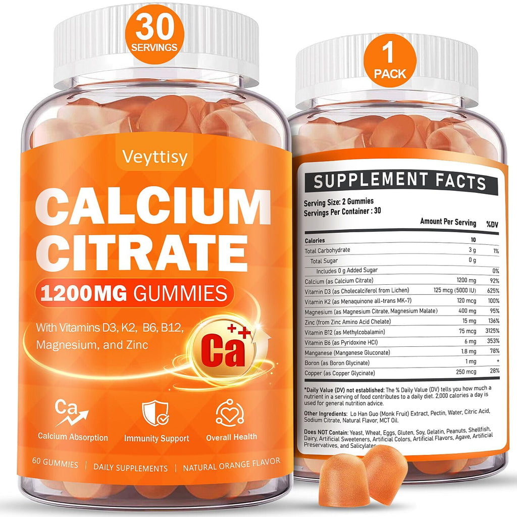 Calcium 1200 mg with Vitamin D3 Supplement for Adults - Calcium Gummies with 5000iu Vitamin D3, K2, B6, B12, Magnesium & Zinc - Calcium Supplement for Women Men - Easy to Digest, Vegan (1 pack)
