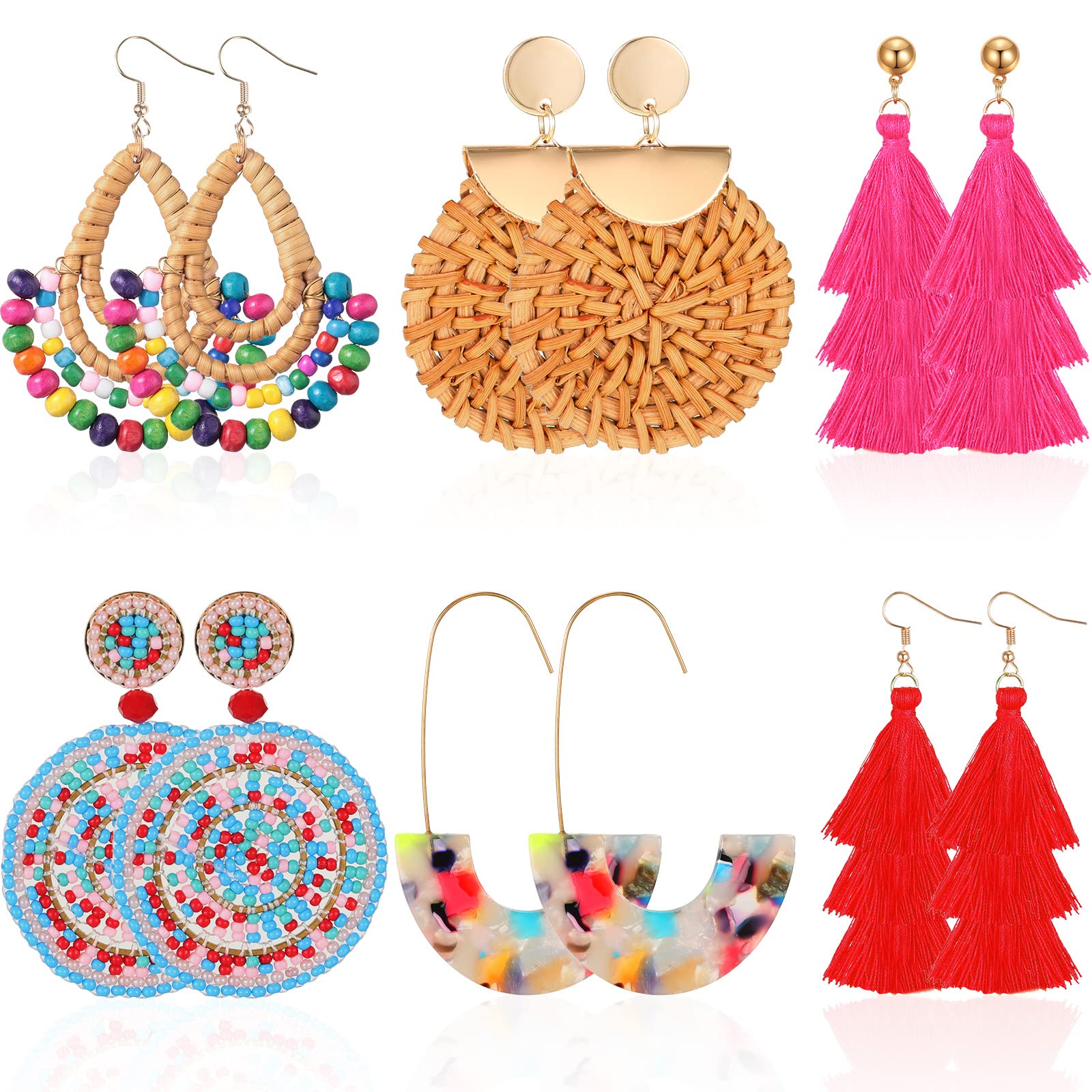 Hicarer 6 Pair Boho Rattan Earrings for Women,Cute Series