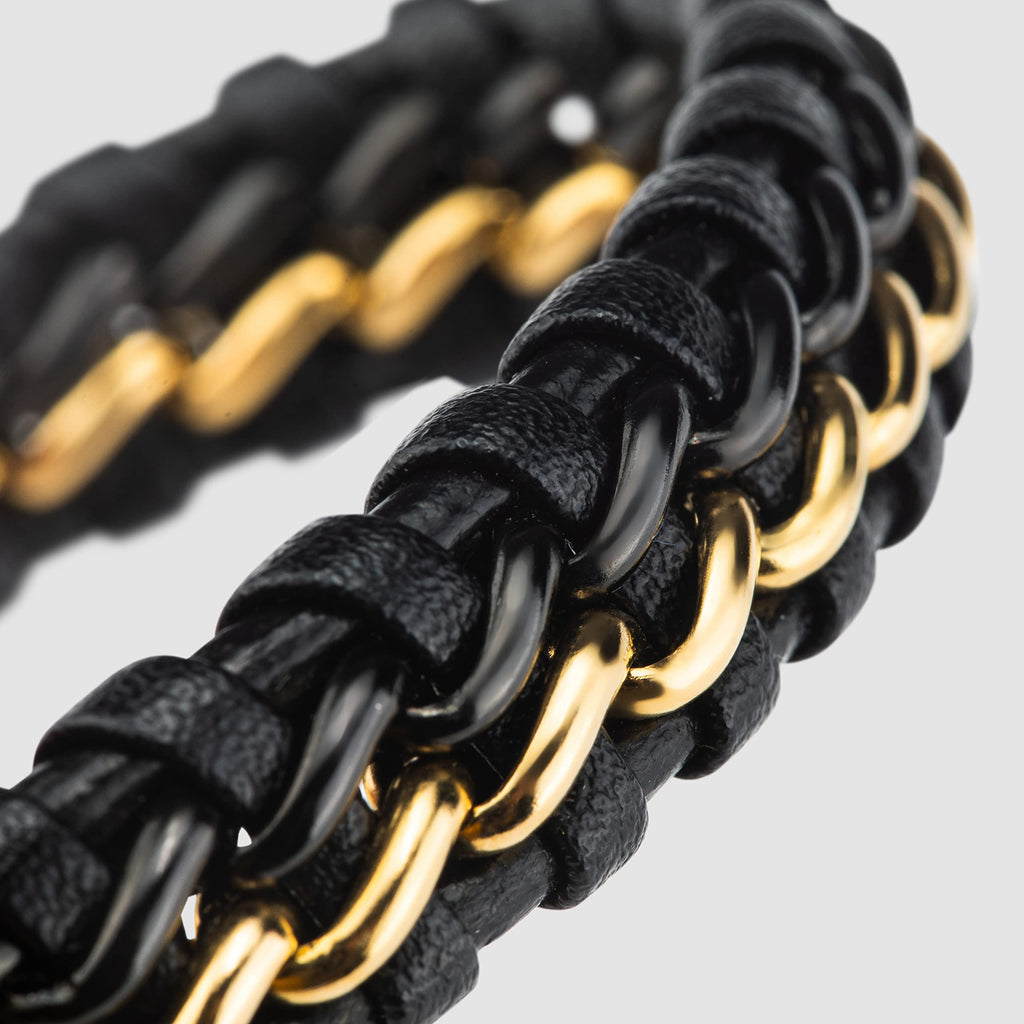 SERASAR Leather Men Bracelet Black Gold Steel Braided Jewelry Gift 8 inch