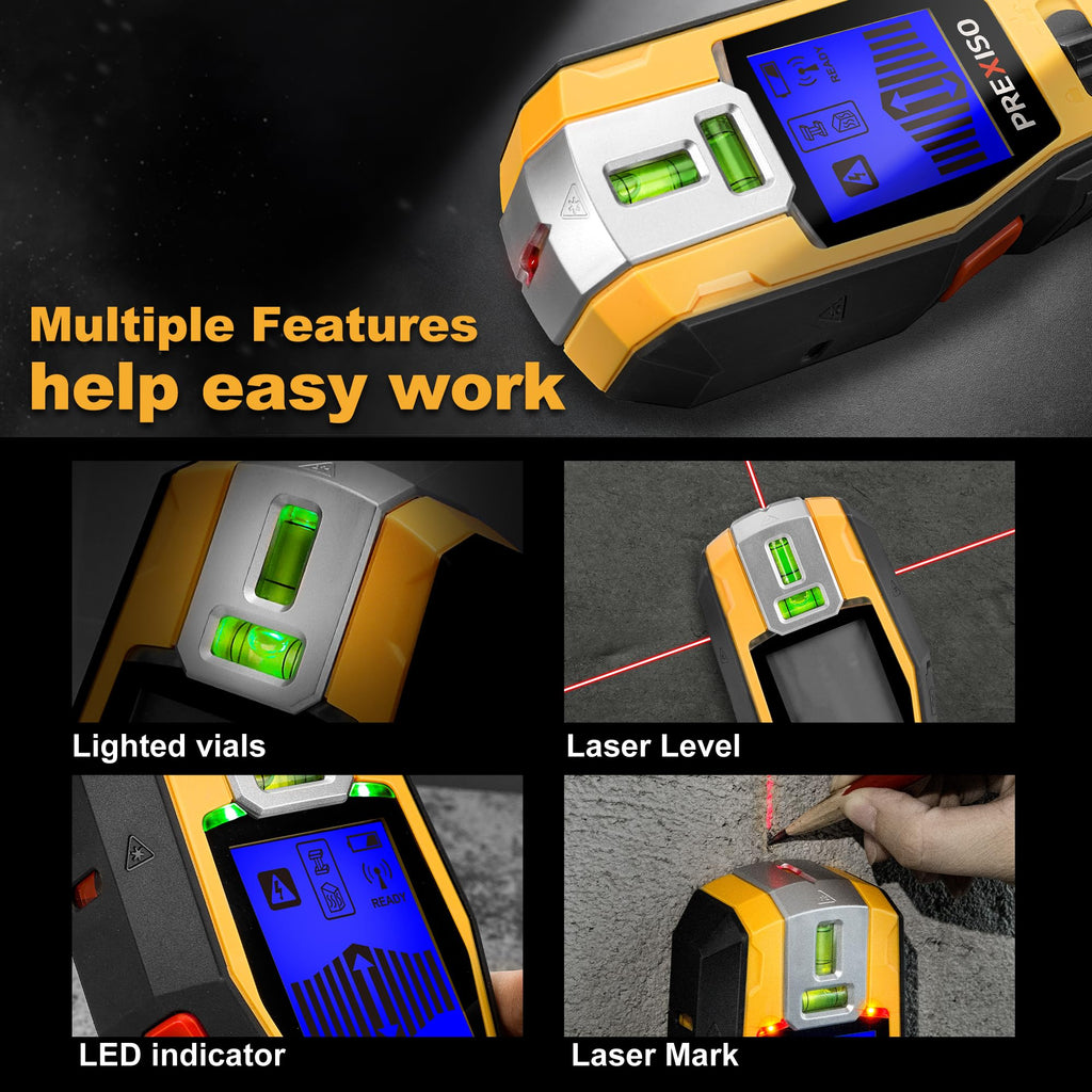 PREXISO 2-in-1 Stud Finder with Laser Level, Rechargeable Multi Surface Cross Line Laser & Wall Stud Scanners Tool for Hanging Frames & Picture, Wood Ac Wire Metal Studs Pipe Detection Gift for Dad