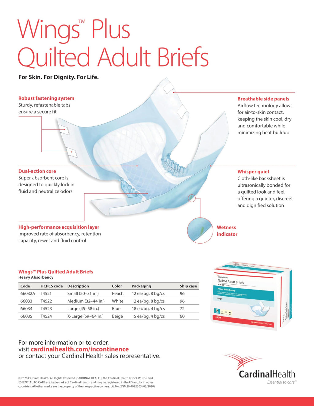 Cardinal Health 66034 Quilted Adult Briefs, Wings Plus, Heavy Absorbency, Large, Case of 4 Bags of 18