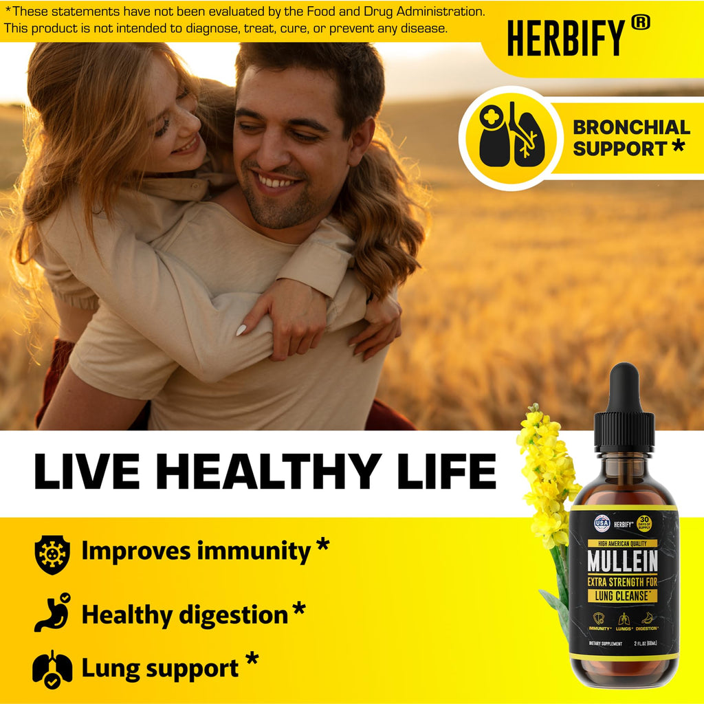 HERBIFY Mullein Extract 2 oz Tincture for Respiratory Health, Mullein Leaf and Flowers Blend (Verbascum Densiflorum)