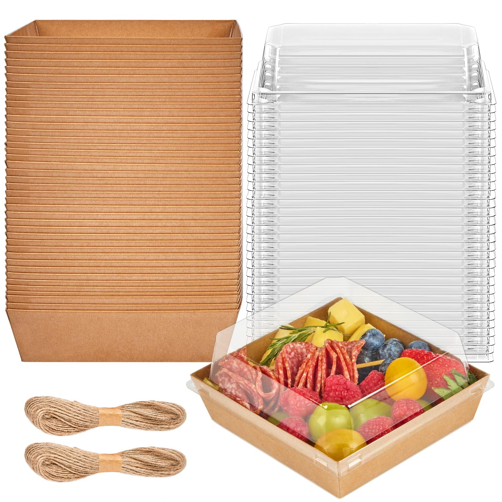 ZORRITA 50 Pack 5 Inch Paper Charcuterie Boxes with Clear Lids, Square To Go Cake Slice Containers Small Kraft Bakery Boxes for Dessert, Cookies, Sandwich, Strawberries (Brown)