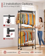 Sakugi Clothes Rack - 33.0" x 12.2" x 79.5" Clothing Rack with Shelves & Wheels, Multi-Functional Wardrobe Closet with Hooks, Sturdy Metal Garment Rack for Bedroom, Laundry, Balcony (Black)