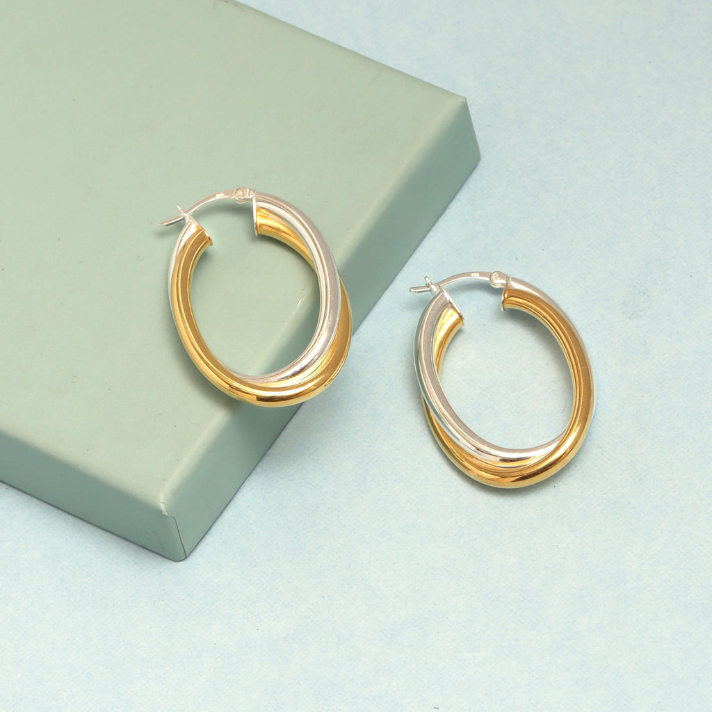 LeCalla 925 Sterling Silver Hoop Earrings 14K Gold-Plated Jewelry Two-Tone Intertwining Large Oval Shape Chunky Hoops Earring for Women - 35mm