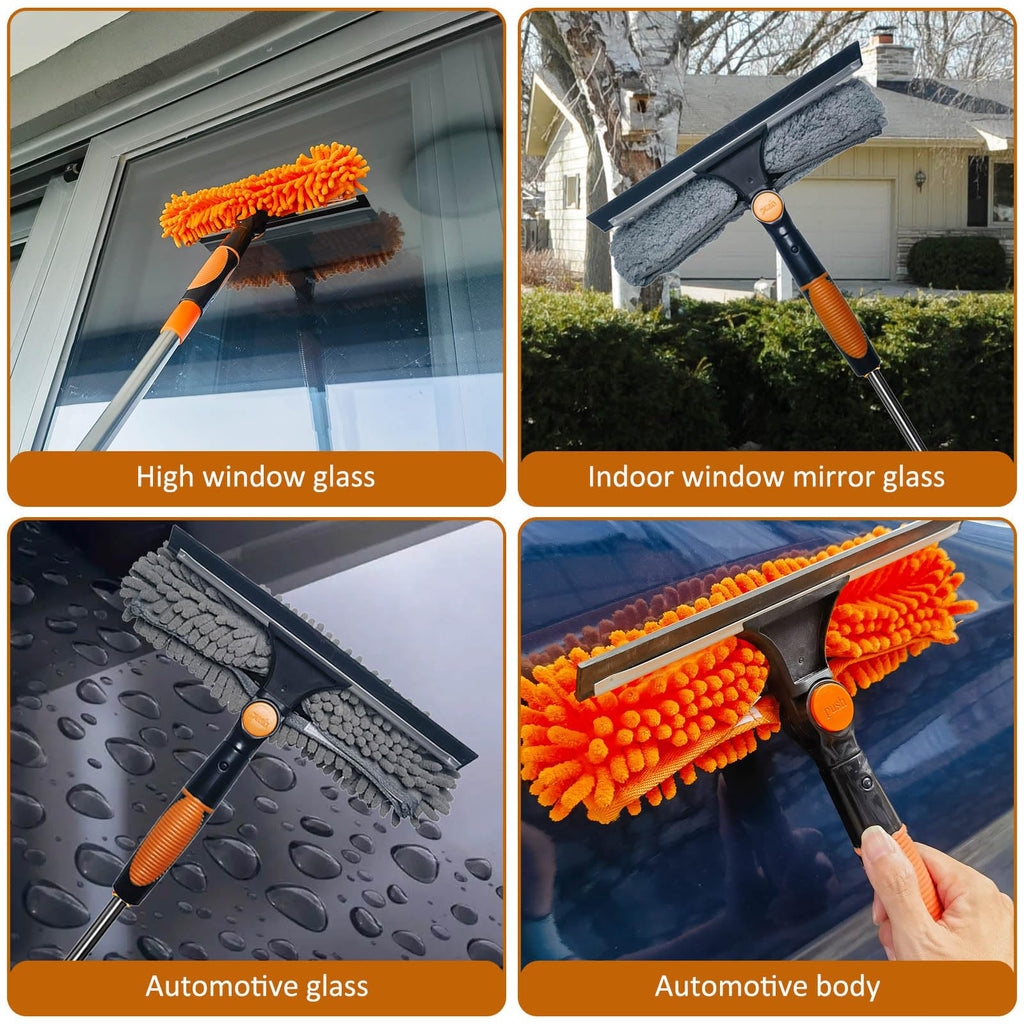 20 ft+ Reach Squeegee Window Cleaner Duster 2 in 1 Rotatable Window Cleaning Tool Kit with 3-14 ft Extension Pole, Window Washing Equipment for Indoor Outdoor Window Car Glass - 3 Pads