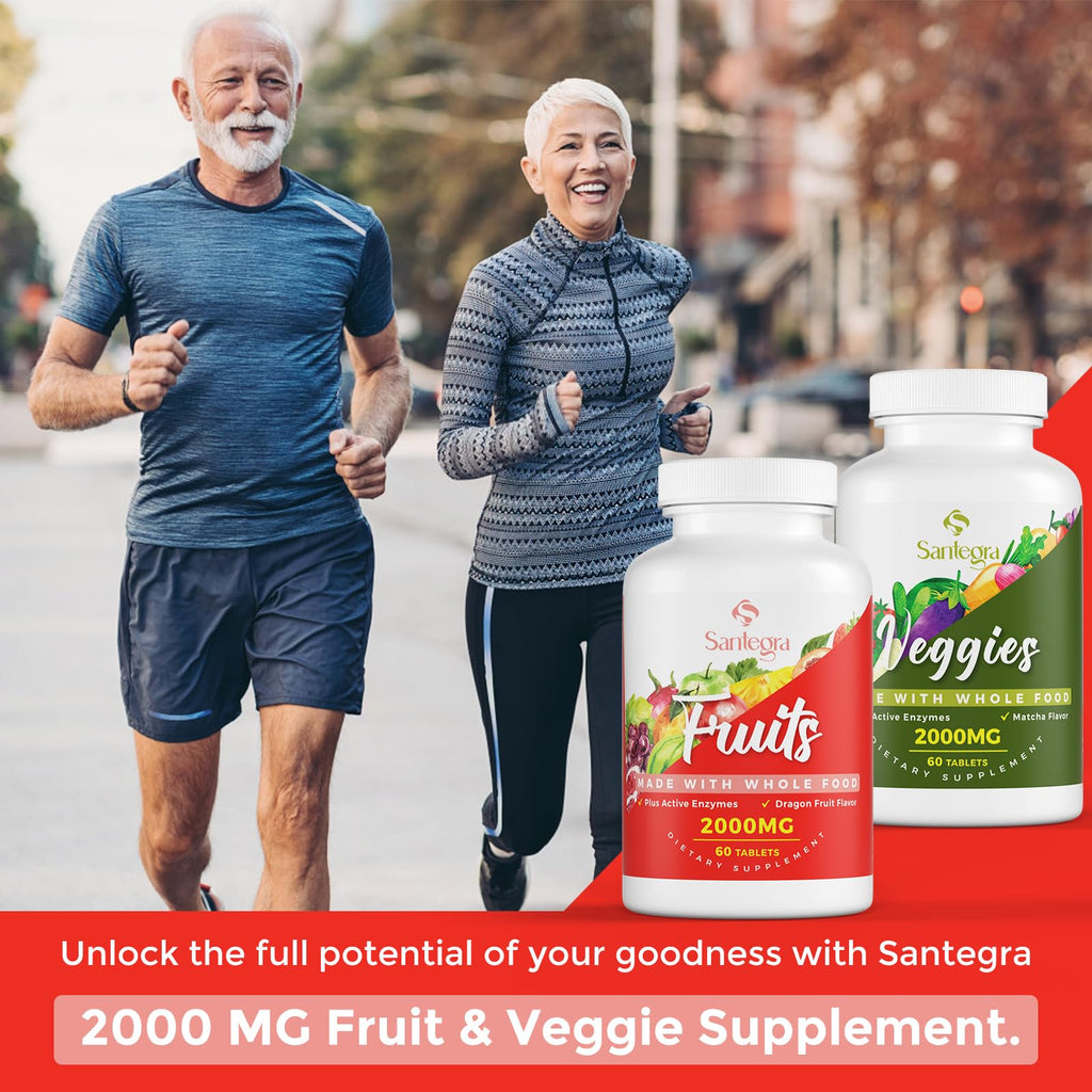 Santegra 2000 MG Fruit and Veggies Supplement, 35+ Fruits and Vegetables for Daily Variety, 100% Whole Food Superfoods, Natural Vitamins for Women & Men, Sugar-Free, Gluten-Free, Vegan, 120 Tablets
