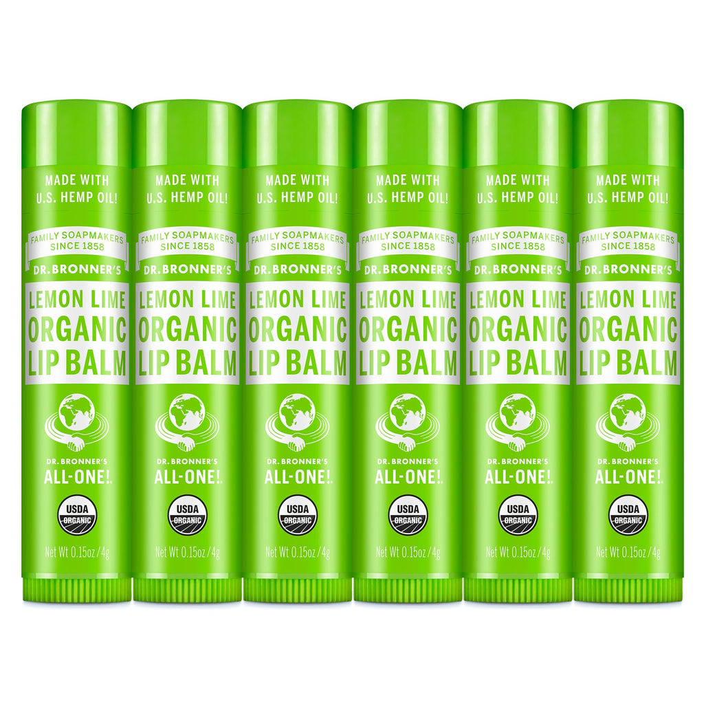 Dr. Bronner’s Organic Lip Balm 6-Pack (.15oz) Natural, Moisturizinging, Petroleum-Free Lip Balm with Beeswax & Avocado Oil for Dry Lips, Men & Women - Lemon Lime