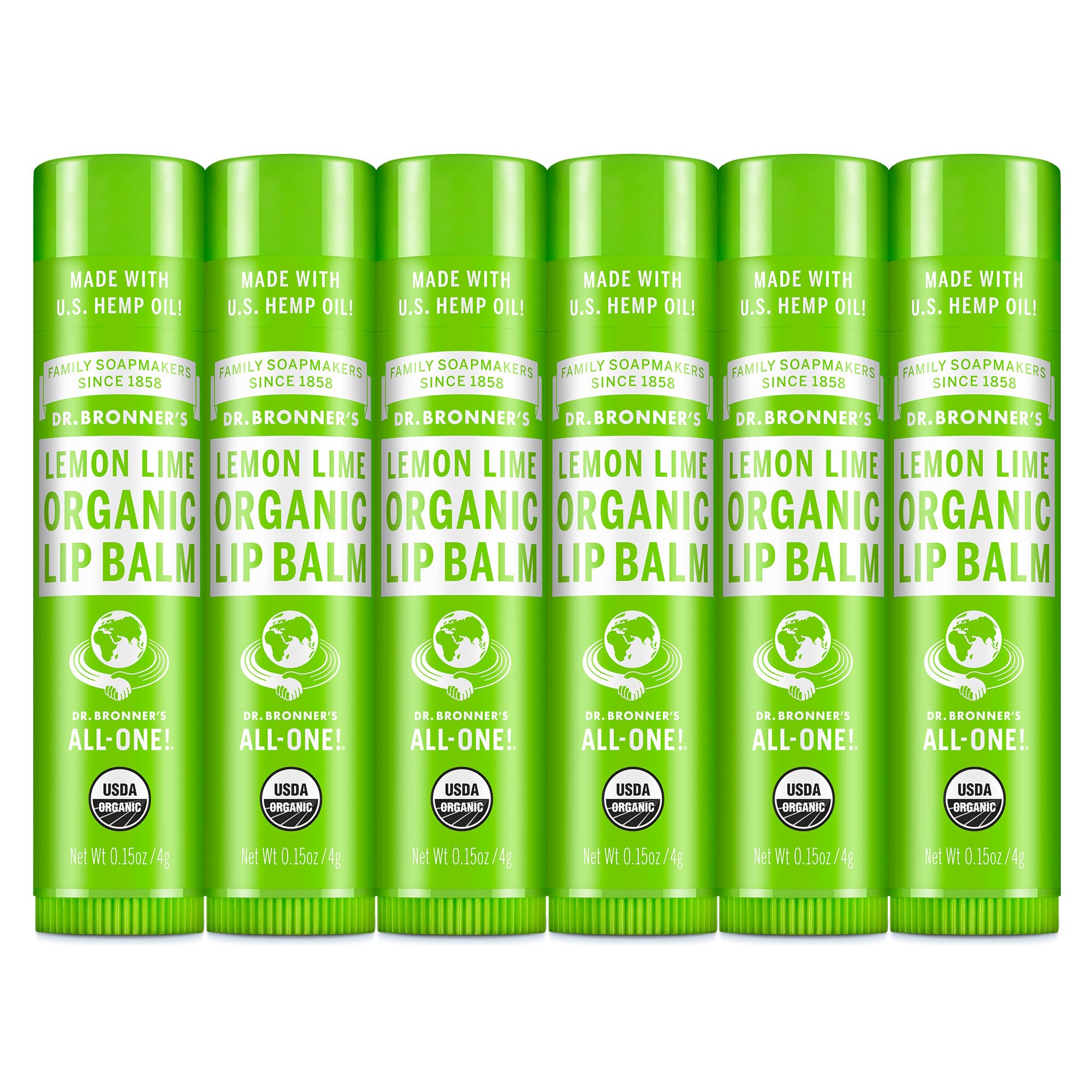Dr. Bronner’s Organic Lip Balm 6-Pack (.15oz) Natural, Moisturizinging, Petroleum-Free Lip Balm with Beeswax & Avocado Oil for Dry Lips, Men & Women - Lemon Lime