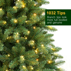 Hykolity 6 ft Prelit Christmas Tree, Artificial Christmas Tree with 250 Warm White Lights, 1032 Tips, Metal Stand and Hinged Branches