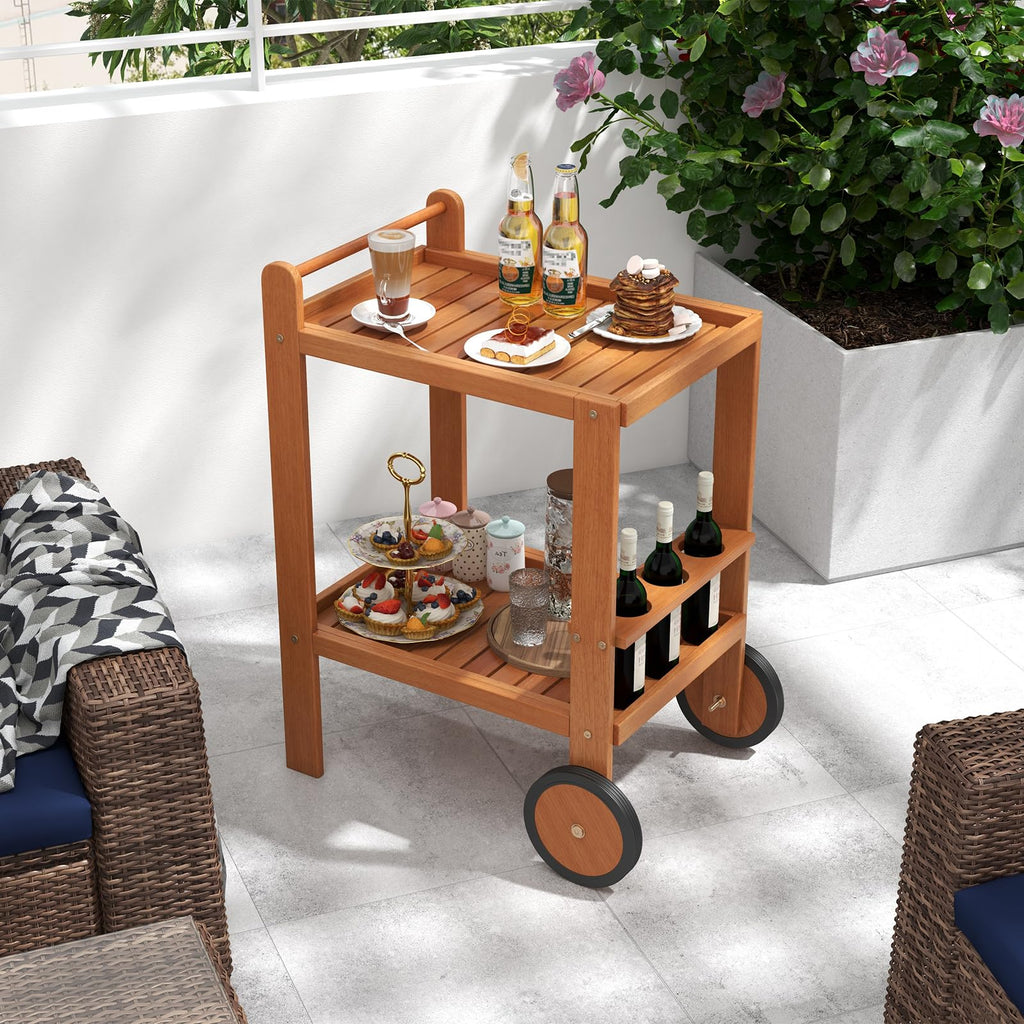 Tangkula Wood Bar Cart, Outdoor Indoor 2 Tier Rolling Serving Cart with Wine Bottle Holders and 2 Rubber Wheels, Bar Table Beverage Drink Cart for Kitchen, Patio, Garden and Poolside, Natural