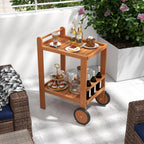Tangkula Wood Bar Cart, Outdoor Indoor 2 Tier Rolling Serving Cart with Wine Bottle Holders and 2 Rubber Wheels, Bar Table Beverage Drink Cart for Kitchen, Patio, Garden and Poolside, Natural