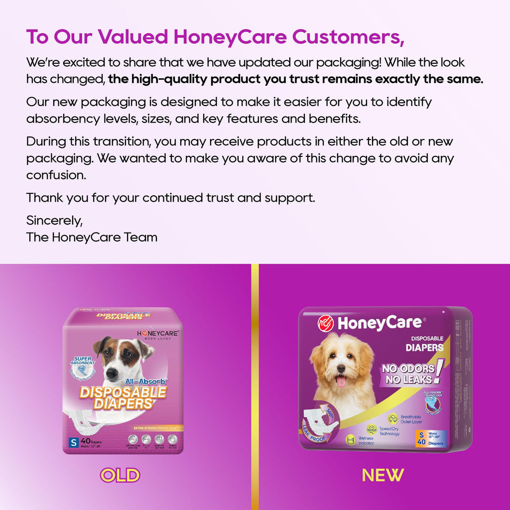 HONEY CARE All-Absorb Disposable Female Dog Diapers Small Size, Improved, 40 Count, Super Absorbent, Breathable, Wetness Indicator (Pack of 1, 40 Count Total)