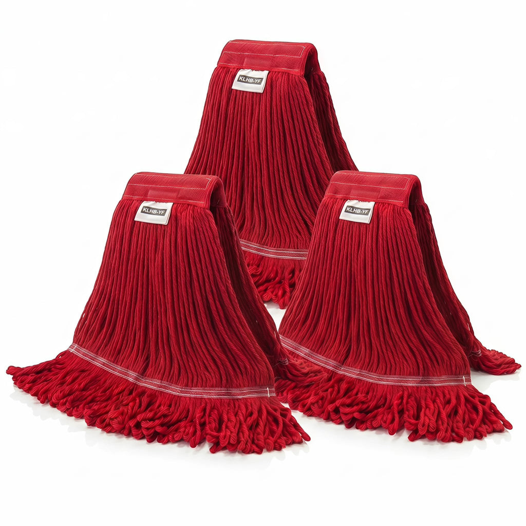 KLHB-YF Heavy Duty Commercial String Mop Heads, 3 Pack Cotton Red Mop Head Replacement, Machine Washable Industrial Mop Head Refills for Janitorial, Restaurant, Warehouse & Office Floor Cleaning