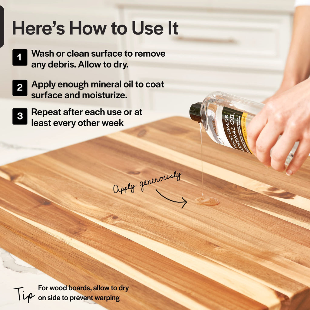 Thirteen Chefs Mineral Oil - 12oz Food Grade Conditioner for Wood Cutting Board, Countertop & Butcher Block, Lubricant for Knife or Meat Grinder - Safe USP Finish on Marble, Soapstone